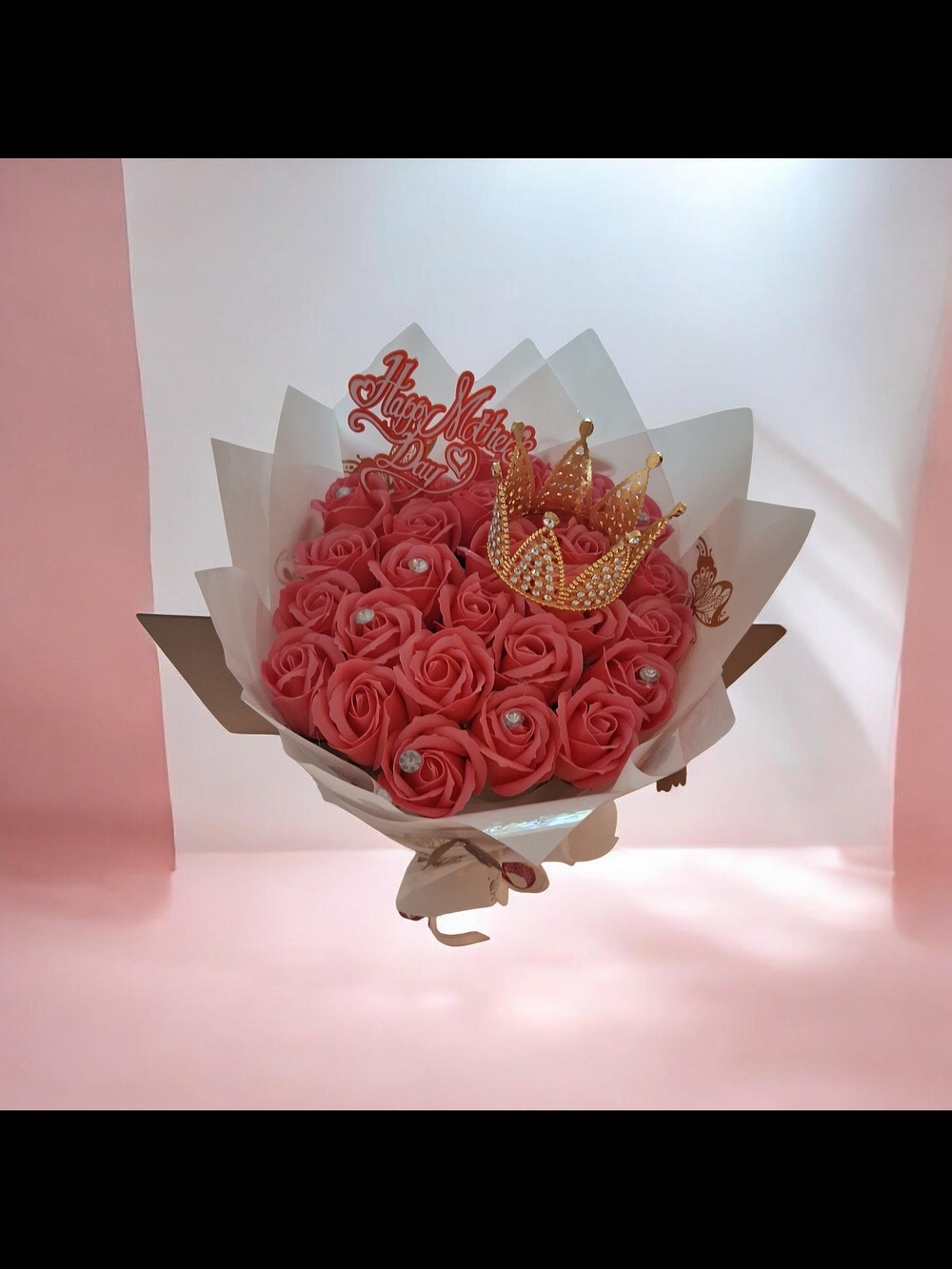 Pink Faux Soap Rose Mothers Day  Bouquet with Gold Crown Accent